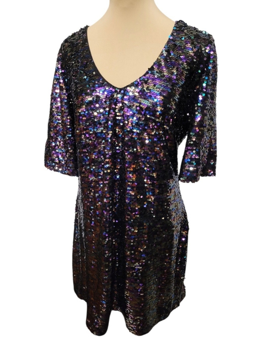 City Chic Iridescent Sequin Mini Dress in Black and Purple